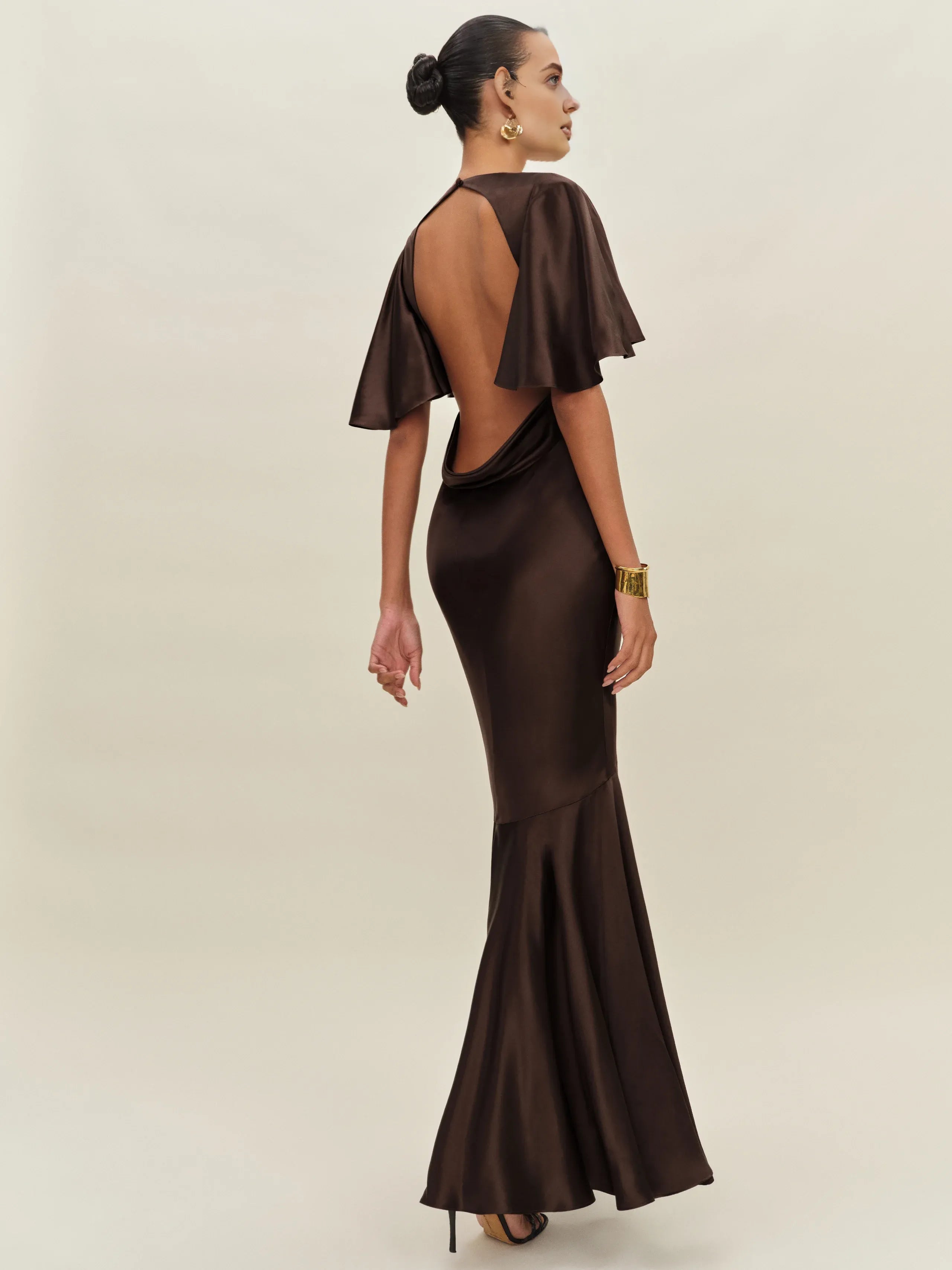 Weitese Dress Vintage Deep V Neck Flutter Sleeve Mermaid Prom Dress Maxi Dress Backless Ruffle Evening Dress